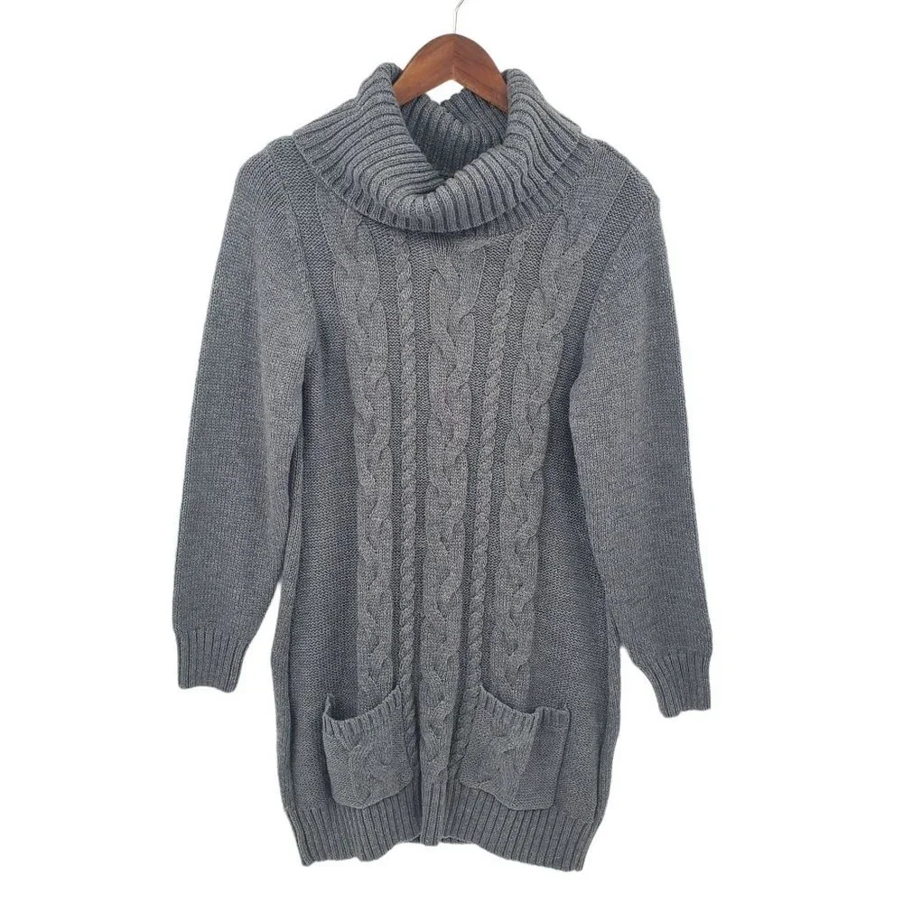 Womens Cowl Neck Cable Knit Tunic Sweater Size M‎ Gray Pockets Long Sleeve